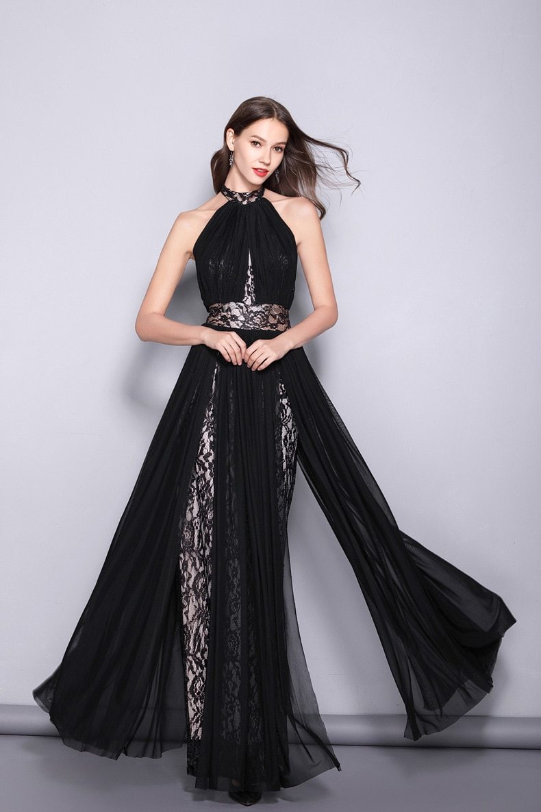 Runway Designer Dresses  Halter Sleeveless Embroidery Lace Open Back Long Party Prom Maxi Dresses Mssaz Desses