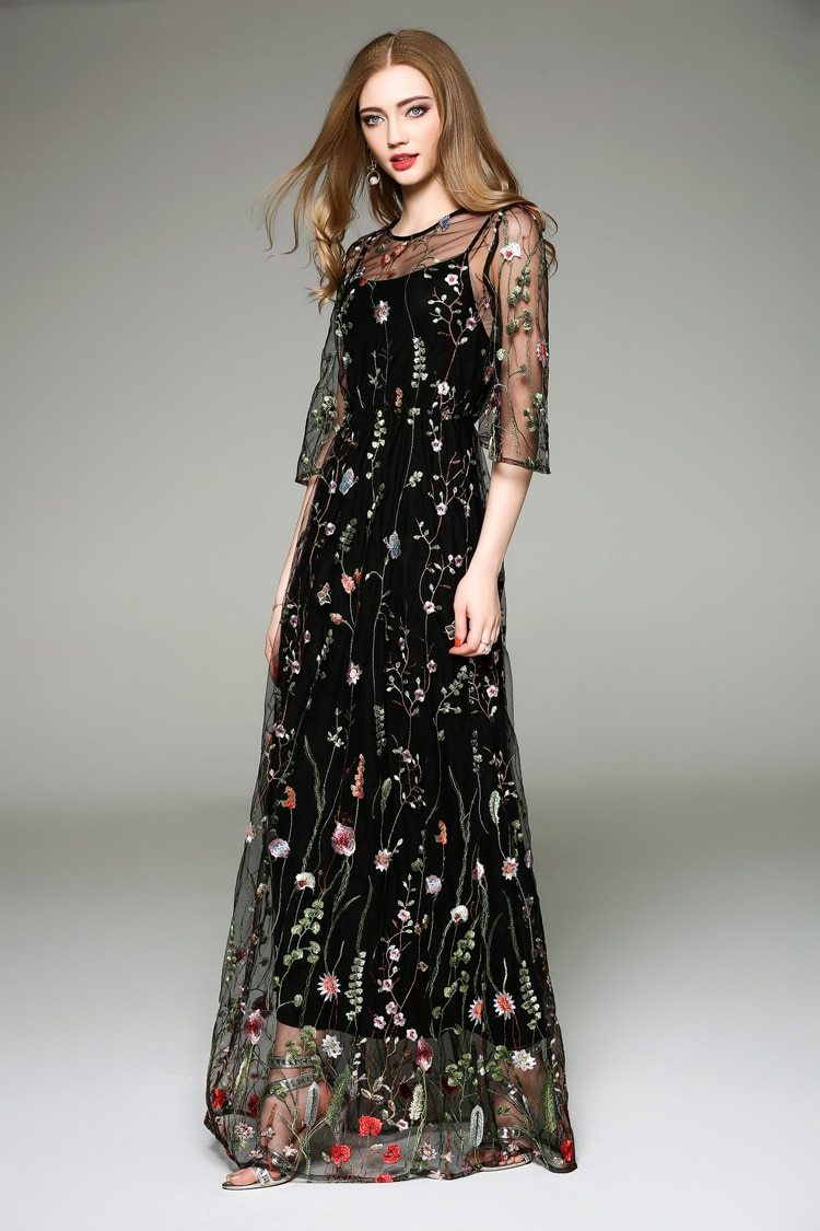 Spring  O Neck Long Sleeves Maxi Dresses Mssaz Desses