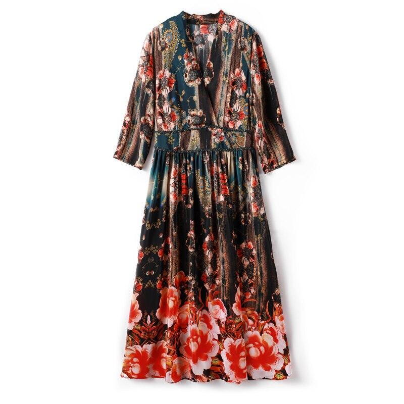 V Neck 3/4 Sleeves Printed Elastic Waist Elegant  Dresses Mssaz Desses