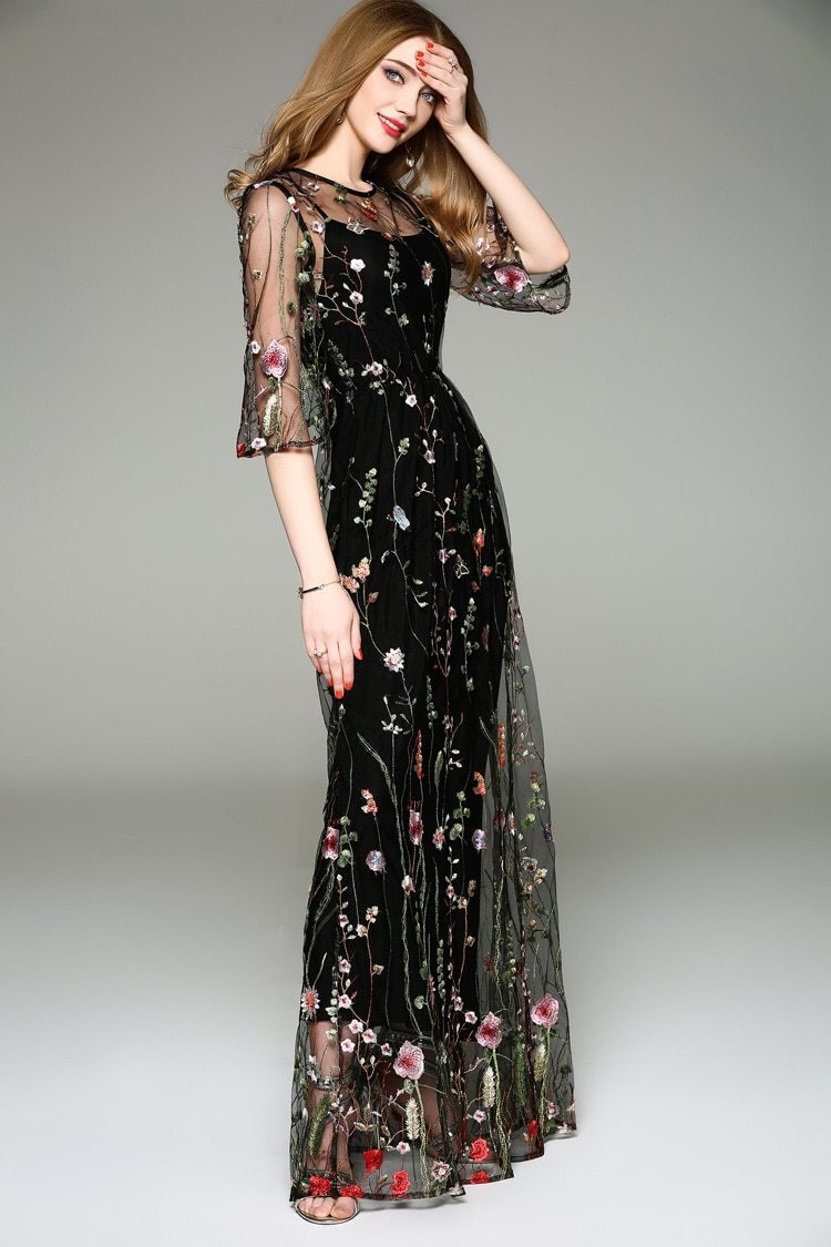 Spring  O Neck Long Sleeves Maxi Dresses Mssaz Desses