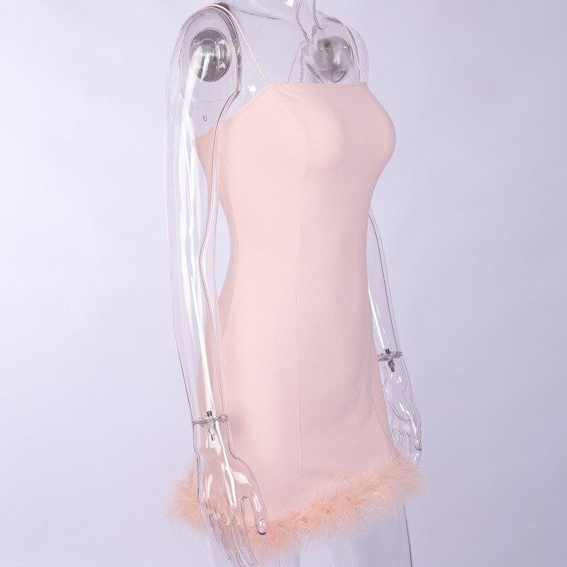Clubwear Pink Fuzzy Feathers Strap Mini Dresses Mssaz Desses