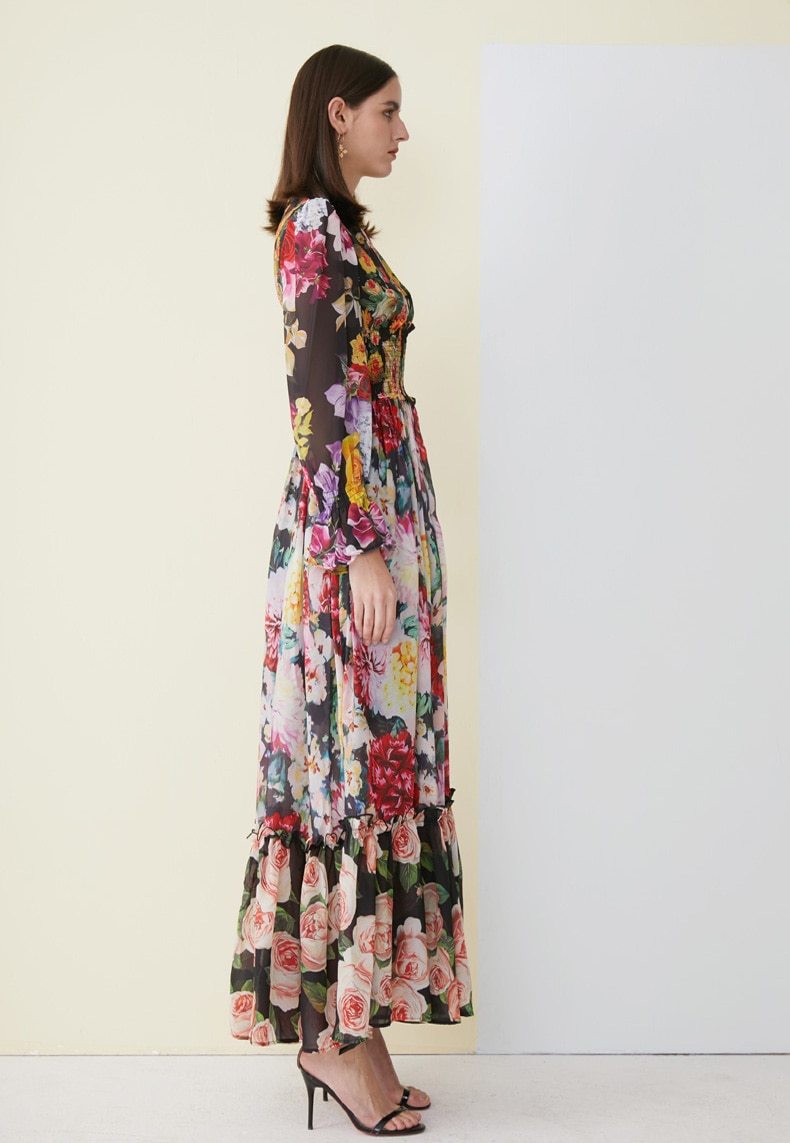 Floral Printed Ruffles Elegant Designer Casual Holiday Maxi Dresses Mssaz Desses
