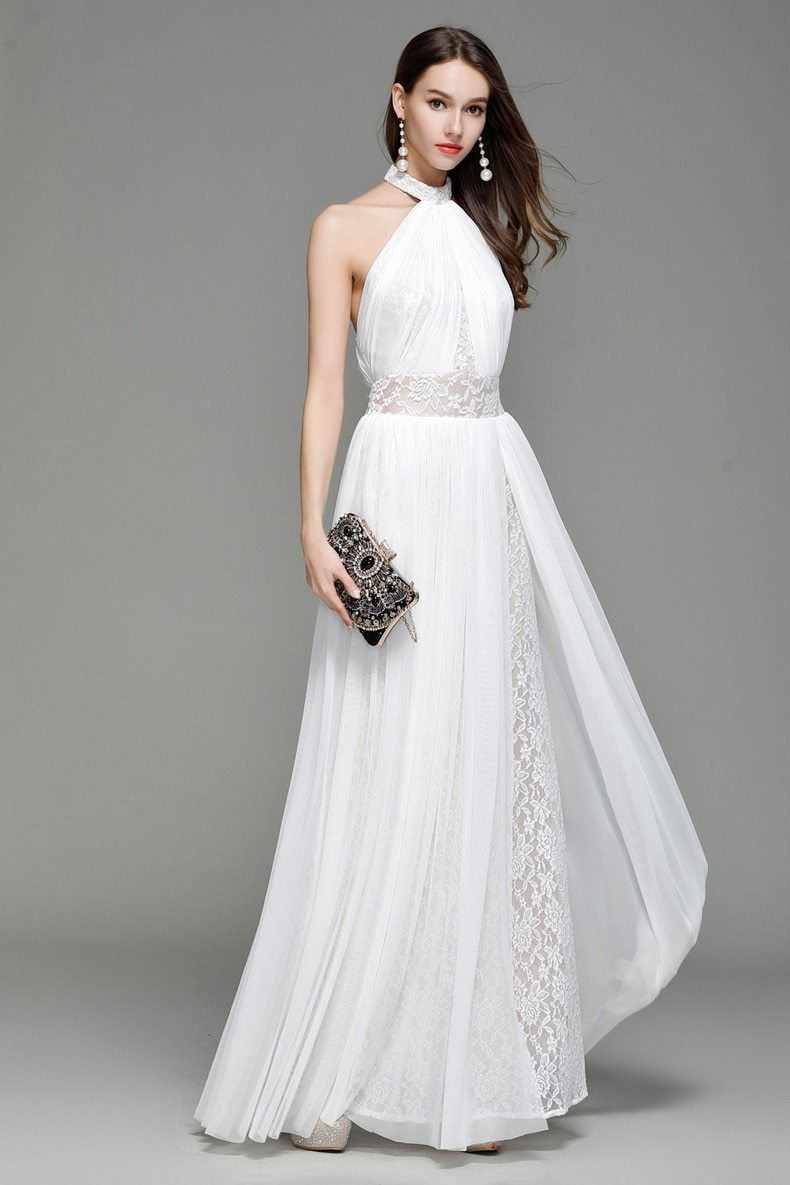 Runway Designer Dresses  Halter Sleeveless Embroidery Lace Open Back Long Party Prom Maxi Dresses Mssaz Desses