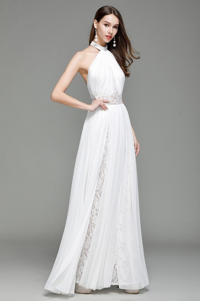 Runway Designer Dresses  Halter Sleeveless Embroidery Lace Open Back Long Party Prom Maxi Dresses Mssaz Desses