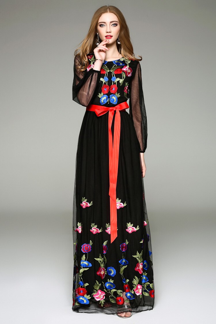 Long Lantern Sleeves Floral Embroidery Sash Belt Elegant Maxi Dress Mssaz Desses