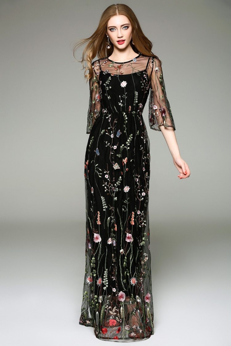 Spring  O Neck Long Sleeves Maxi Dresses Mssaz Desses
