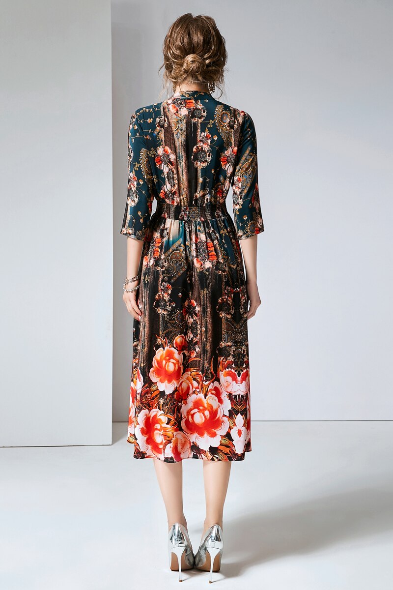 V Neck 3/4 Sleeves Printed Elastic Waist Elegant  Dresses Mssaz Desses