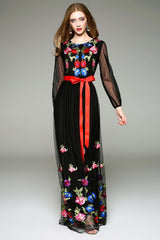 Long Lantern Sleeves Floral Embroidery Sash Belt Elegant Maxi Dress Mssaz Desses