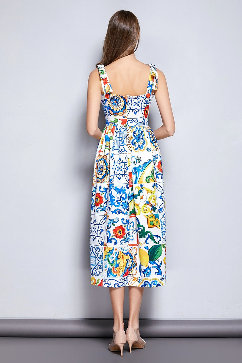 Dress Bow Spaghetti Strap Gorgeous Floral Print Midi Cotton Dress Mssaz Desses