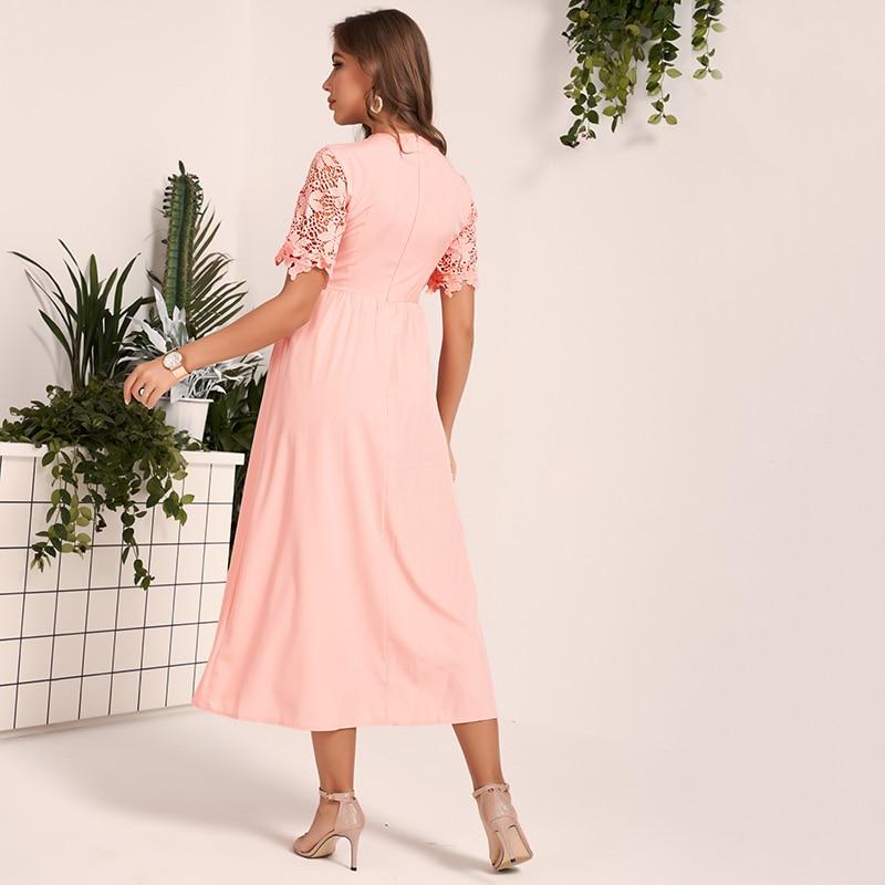 New Lace Dress Sweet Pink Guipure Lace Insert Hollow Out O Neck Fit Flare Midi Dresses Party Dress Summer Mssaz Desses