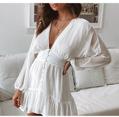 V Neck Spring  Dress Lace Long Sleeve Mini Party Dress Mssaz Desses
