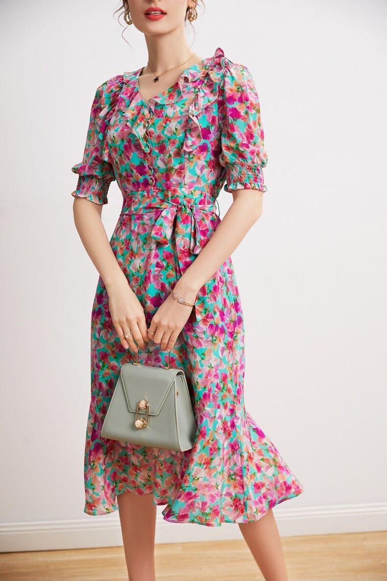 V Neck Short Sleeves Ruffles Sash Belt Printed  Dress Mssaz Desses