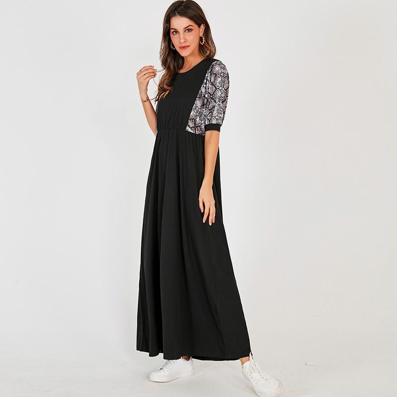 New Long Dress Black Casual Snake Print Stitching Elastic Waist O-neck Half Sleeve Maxi Dresses Robe Mssaz Desses