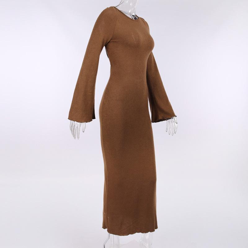 solid knitted open back flared long sleeve maxi dress Mssaz Desses