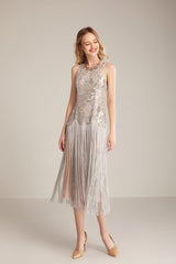 Runway Dresses O Neck Sleeveless Sequined Bodice Tassels Detailing Elegant Mid Calf Party Prom Mssaz Desses