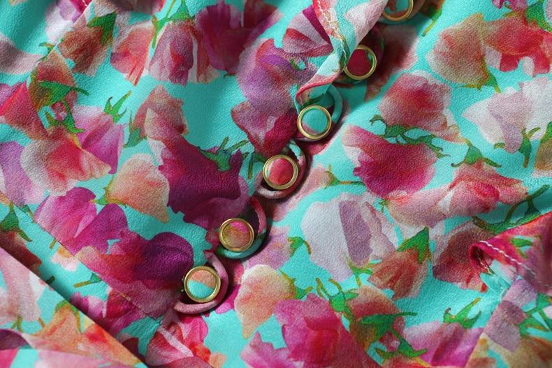 V Neck Short Sleeves Ruffles Sash Belt Printed  Dress Mssaz Desses