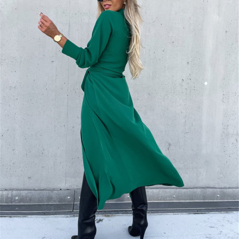 Slim Lace Up Long Sleeve Turn Down Collar Maxi Dress Mssaz Desses