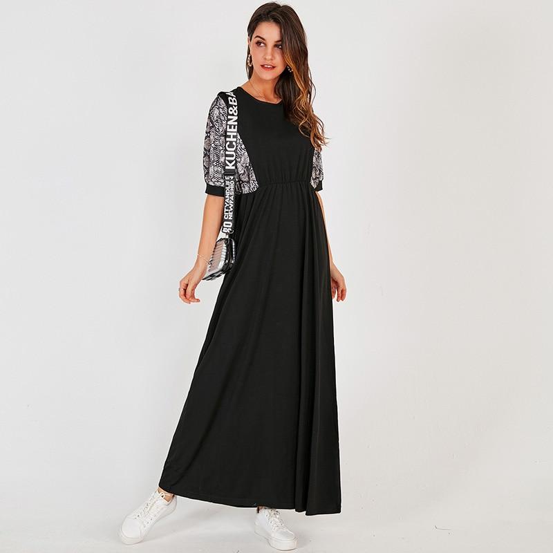 New Long Dress Black Casual Snake Print Stitching Elastic Waist O-neck Half Sleeve Maxi Dresses Robe Mssaz Desses