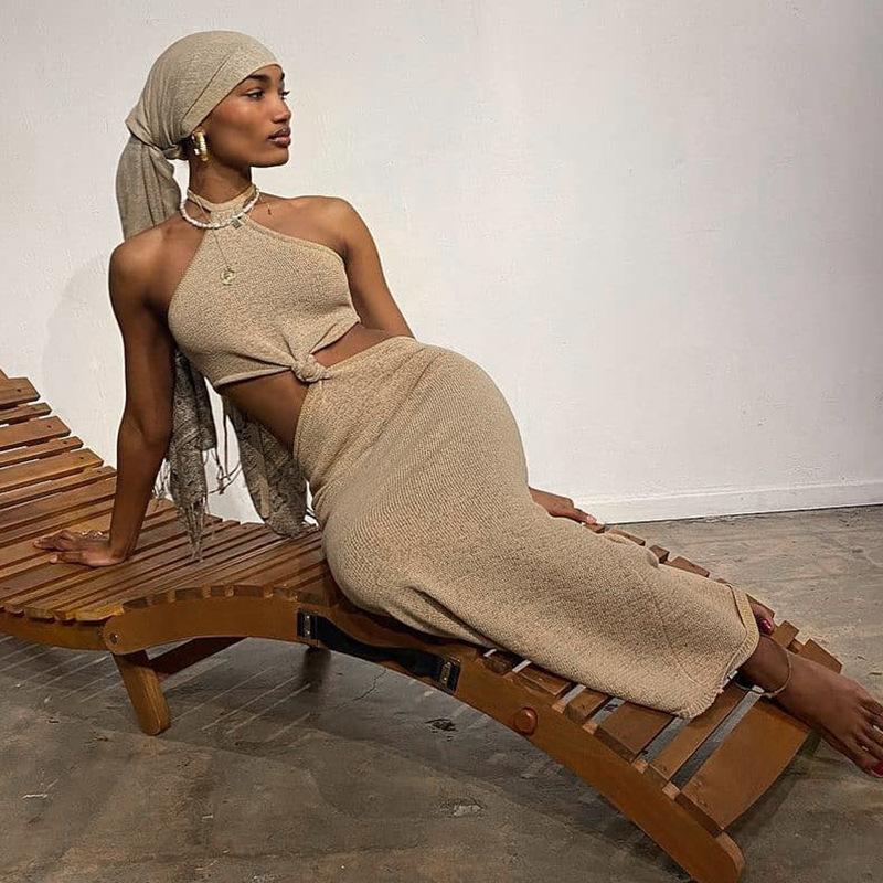 Vacation Outfits Knitted Halter Maxi Dresses Mssaz Desses