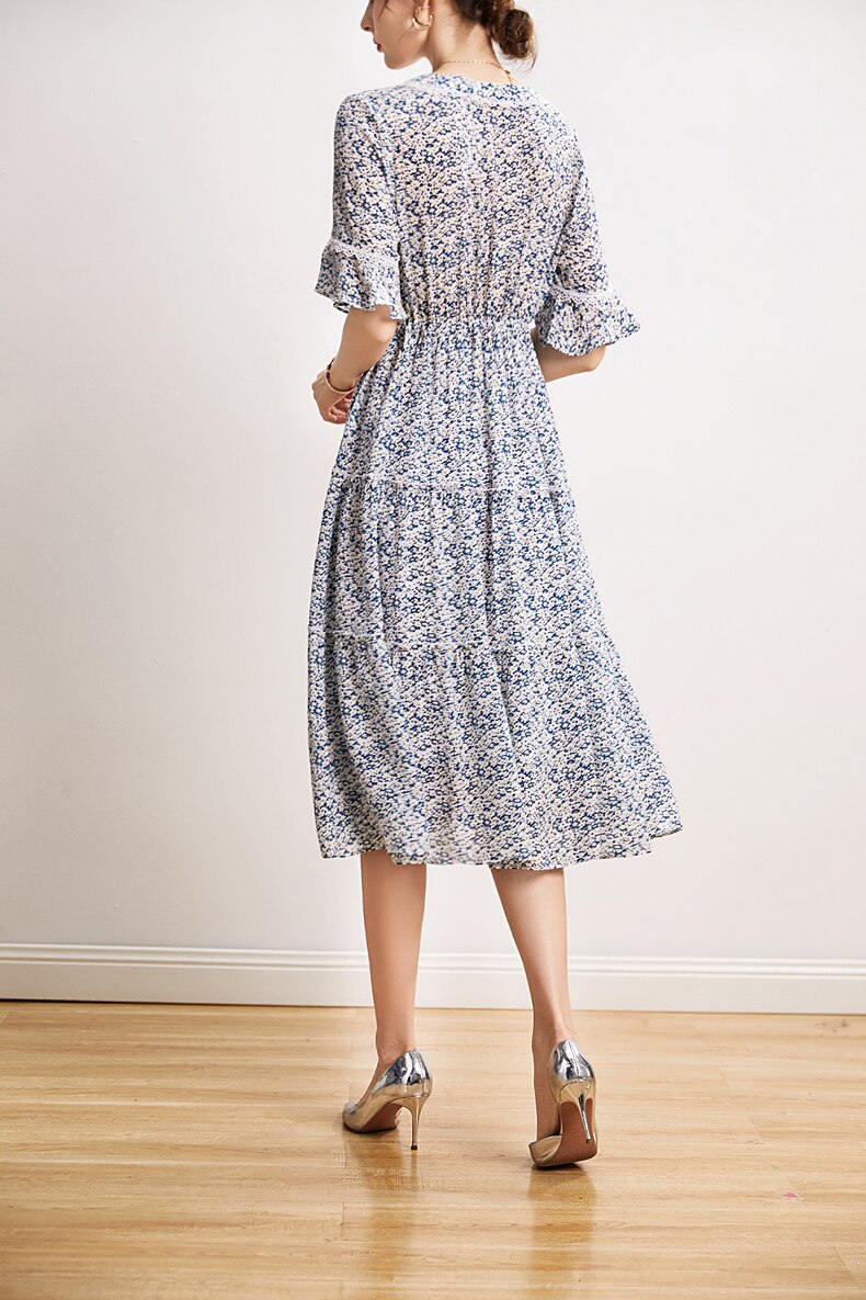 V Neck Short Sleeves Ruffles Floral Printed Holiday Dress Mssaz Desses
