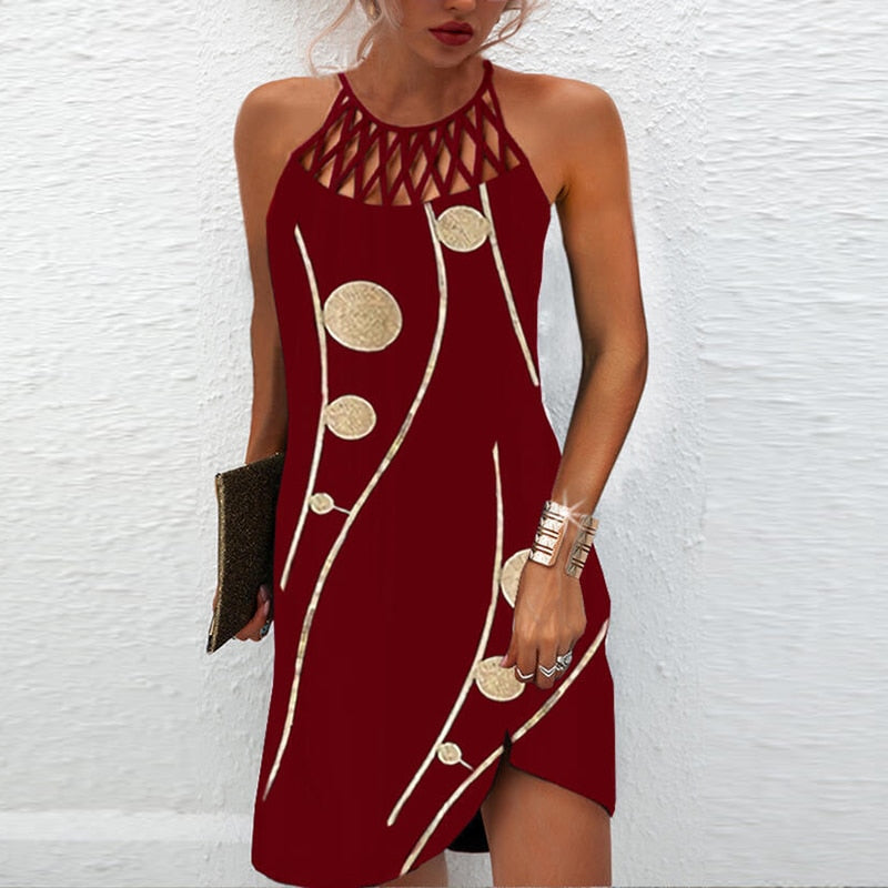Beach Mini Dress  Sleeveless Hollow Elegant Boho Party Mssaz Desses
