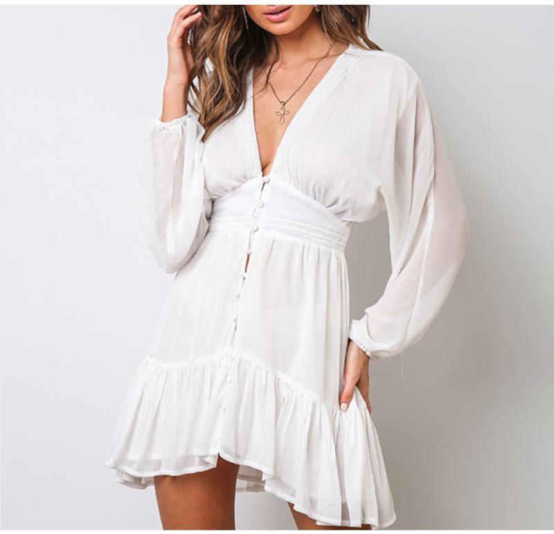 V Neck Spring  Dress Lace Long Sleeve Mini Party Dress Mssaz Desses