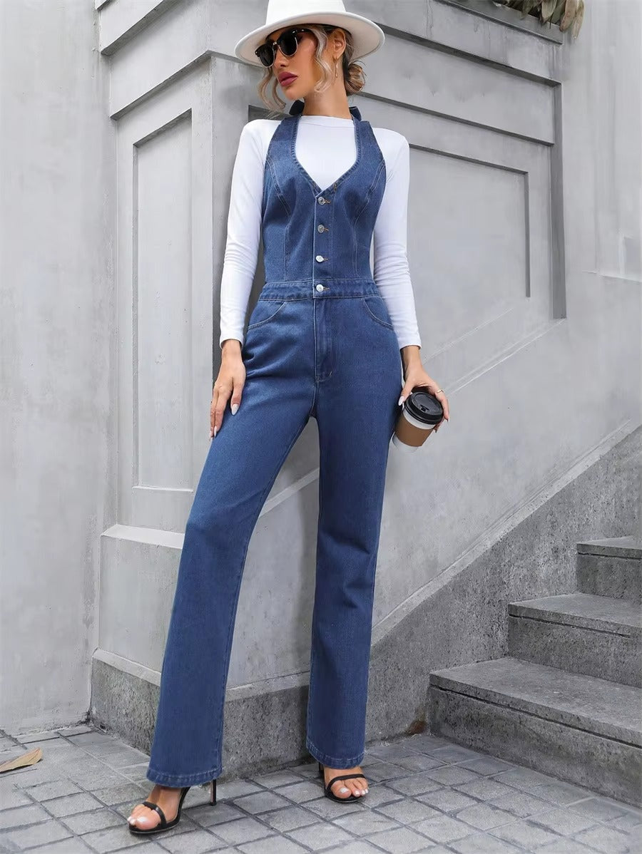 Casual Half Button V-neck Halter Denim Tie Backless High Waist Straight Wide Leg Jumpsuit Mssza