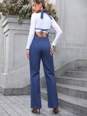 Casual Half Button V-neck Halter Denim Tie Backless High Waist Straight Wide Leg Jumpsuit Mssza