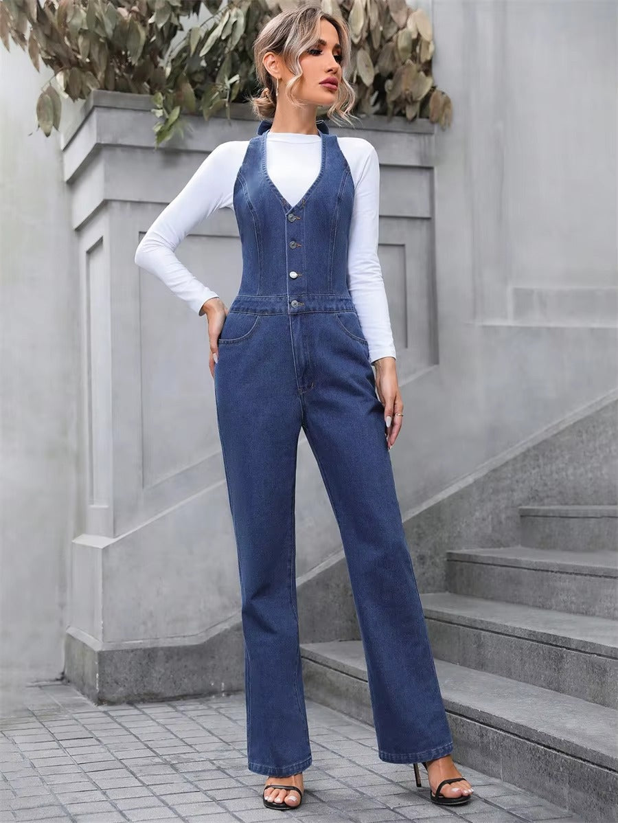 Casual Half Button V-neck Halter Denim Tie Backless High Waist Straight Wide Leg Jumpsuit Mssza