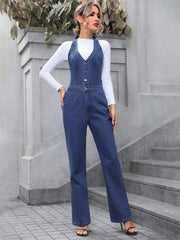 Casual Half Button V-neck Halter Denim Tie Backless High Waist Straight Wide Leg Jumpsuit Mssza