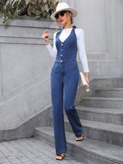 Casual Half Button V-neck Halter Denim Tie Backless High Waist Straight Wide Leg Jumpsuit Mssza