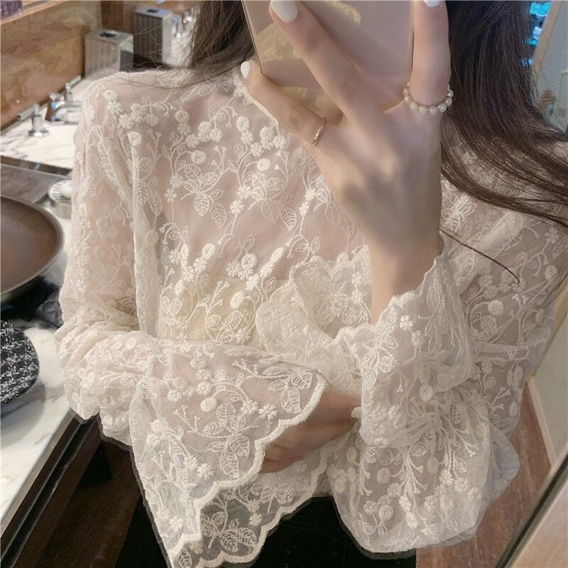 Half High Collar Lace Chiffon Flared Sleeve Bottoming Shirts Mssza