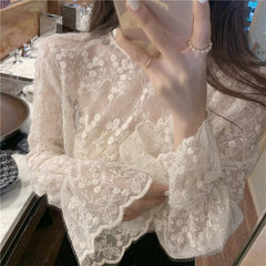 Half High Collar Lace Chiffon Flared Sleeve Bottoming Shirts Mssza