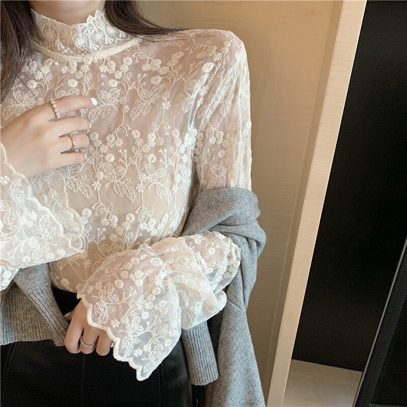Half High Collar Lace Chiffon Flared Sleeve Bottoming Shirts Mssza