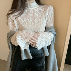 Half High Collar Lace Chiffon Flared Sleeve Bottoming Shirts Mssza