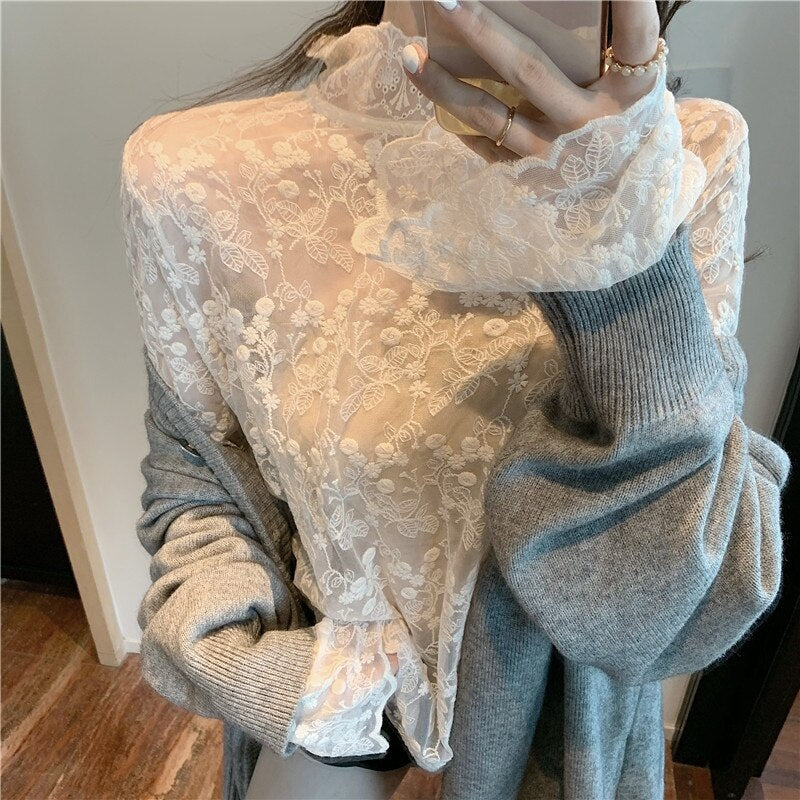 Half High Collar Lace Chiffon Flared Sleeve Bottoming Shirts Mssza