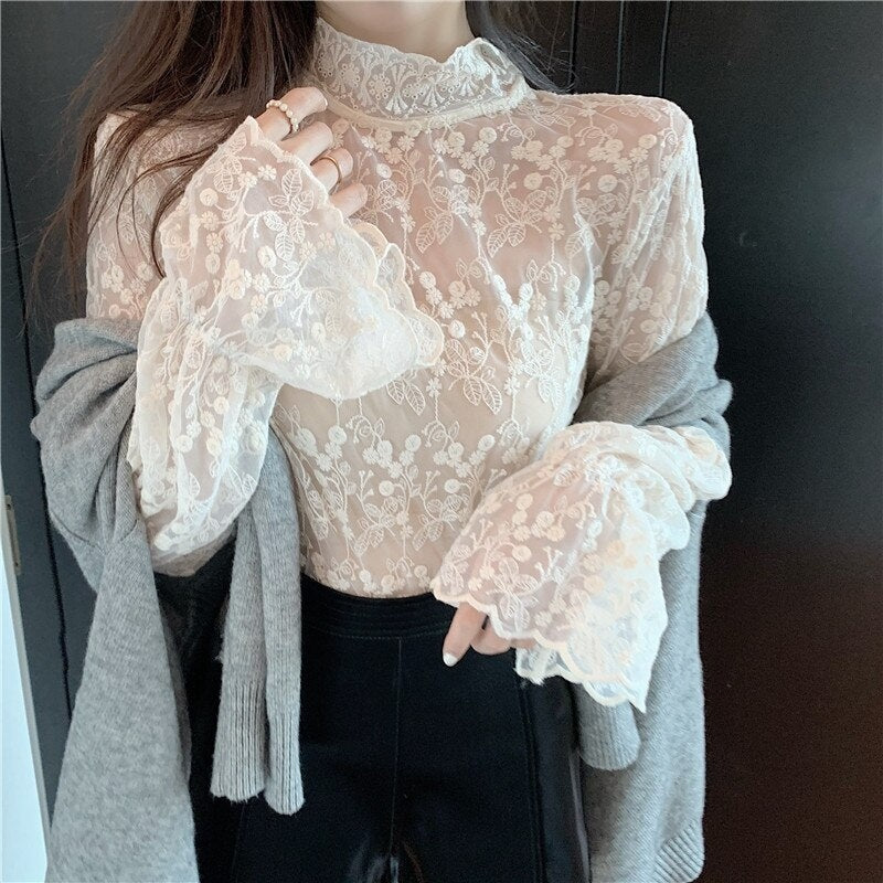 Half High Collar Lace Chiffon Flared Sleeve Bottoming Shirts Mssza