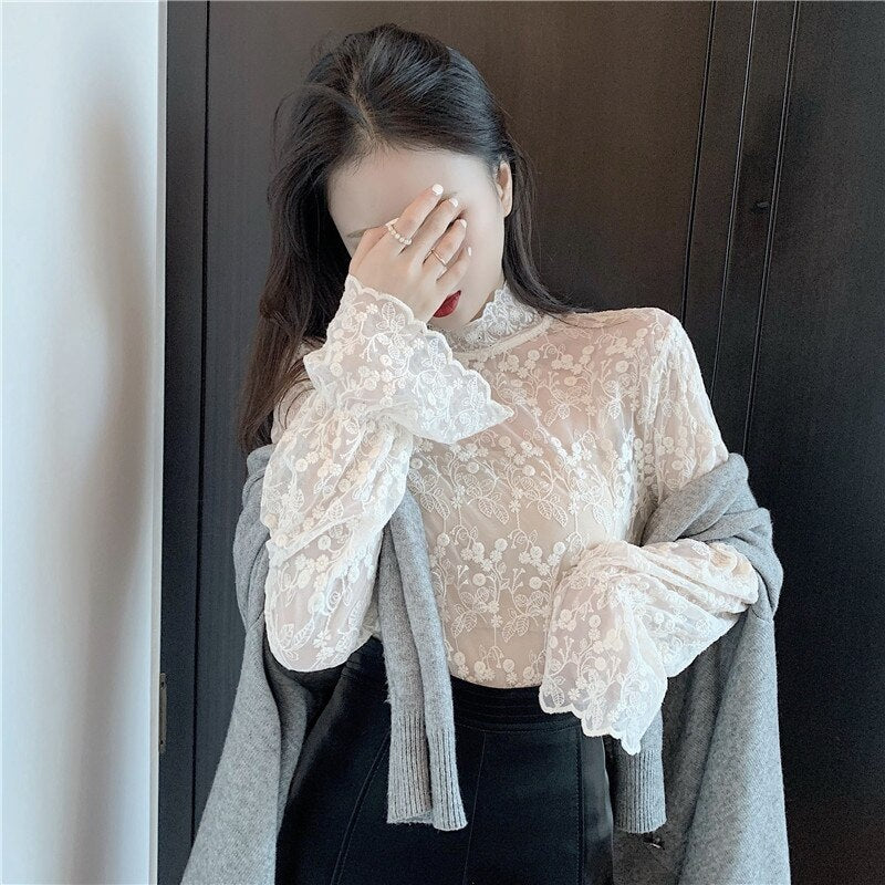 Half High Collar Lace Chiffon Flared Sleeve Bottoming Shirts Mssza