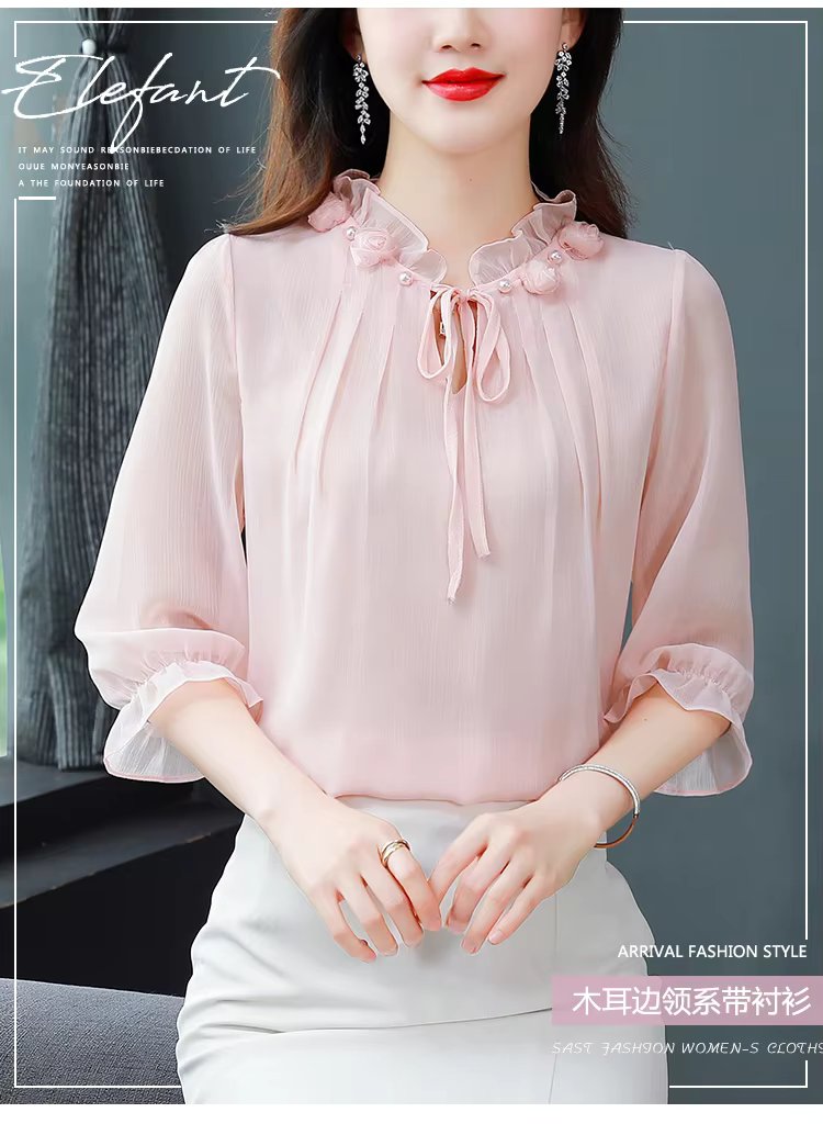 Half Sleeve Bow tie Chiffon Petal Collar Loose Casual Shirt Mssza