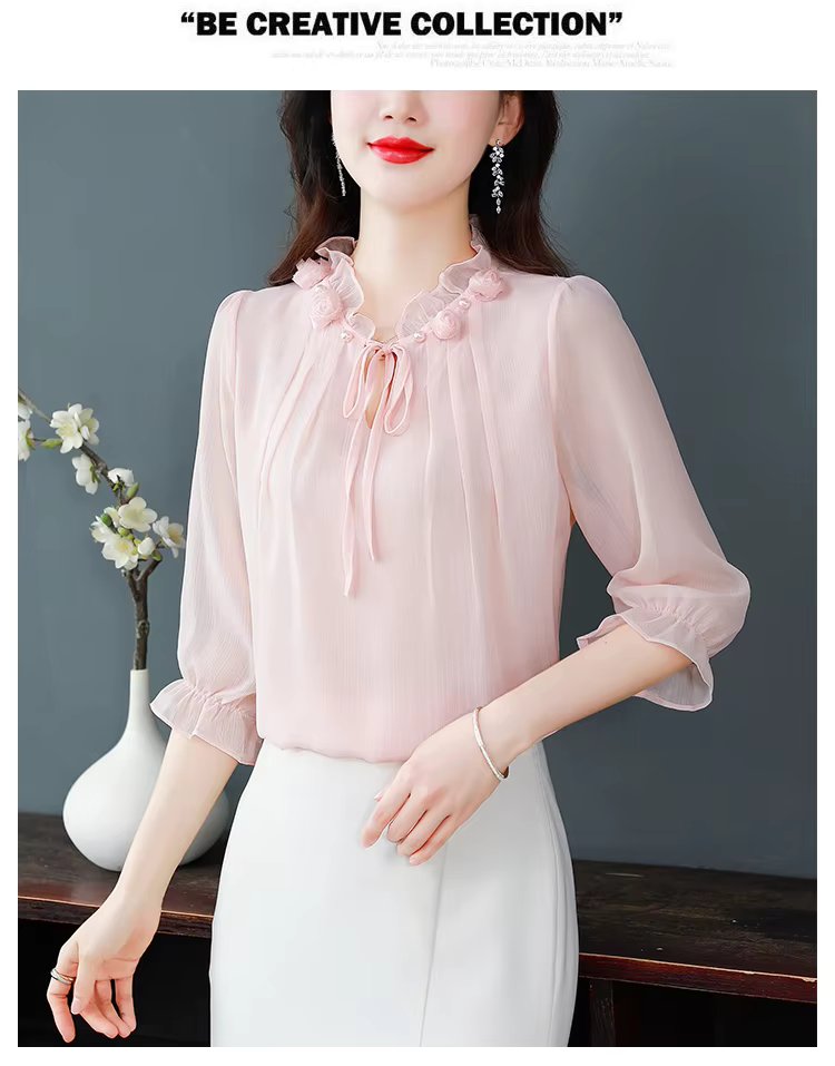 Half Sleeve Bow tie Chiffon Petal Collar Loose Casual Shirt Mssza