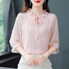 Half Sleeve Bow tie Chiffon Petal Collar Loose Casual Shirt Mssza