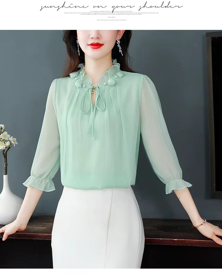 Half Sleeve Bow tie Chiffon Petal Collar Loose Casual Shirt Mssza