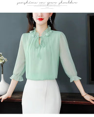 Half Sleeve Bow tie Chiffon Petal Collar Loose Casual Shirt Mssza