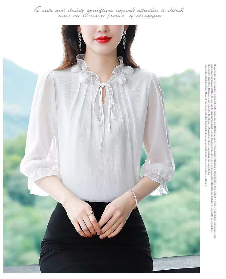 Half Sleeve Bow tie Chiffon Petal Collar Loose Casual Shirt Mssza