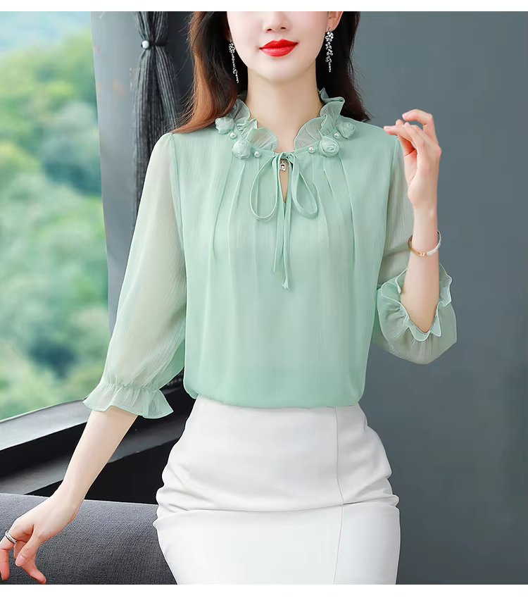 Half Sleeve Bow tie Chiffon Petal Collar Loose Casual Shirt Mssza