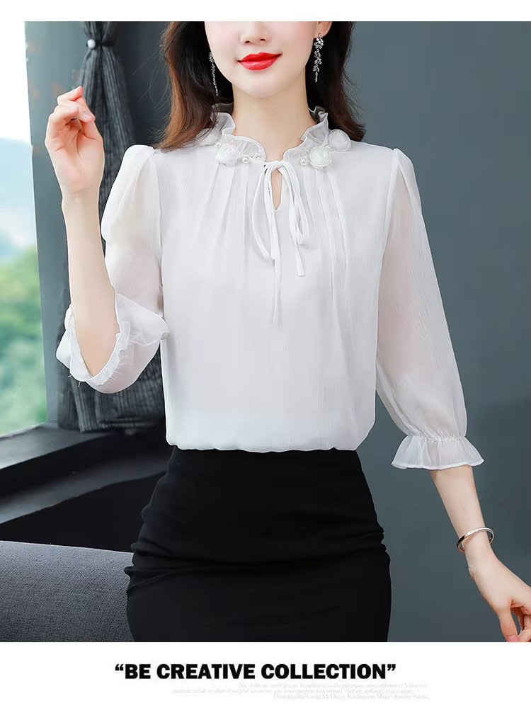 Half Sleeve Bow tie Chiffon Petal Collar Loose Casual Shirt Mssza