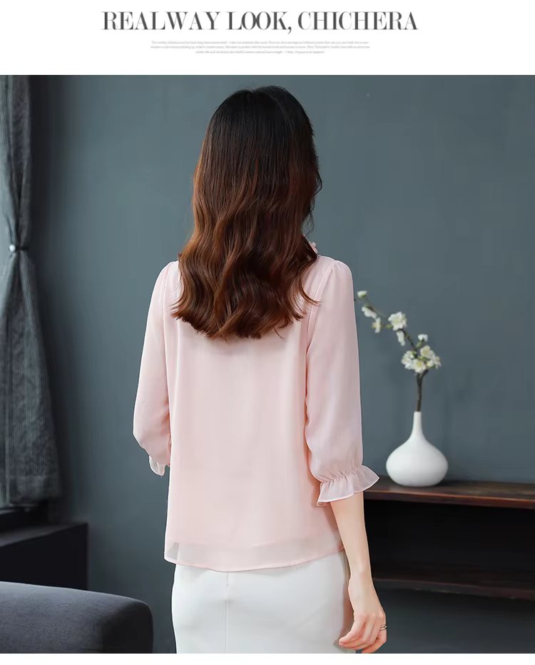 Half Sleeve Bow tie Chiffon Petal Collar Loose Casual Shirt Mssza