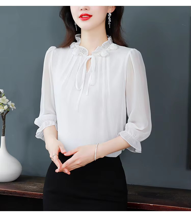 Half Sleeve Bow tie Chiffon Petal Collar Loose Casual Shirt Mssza