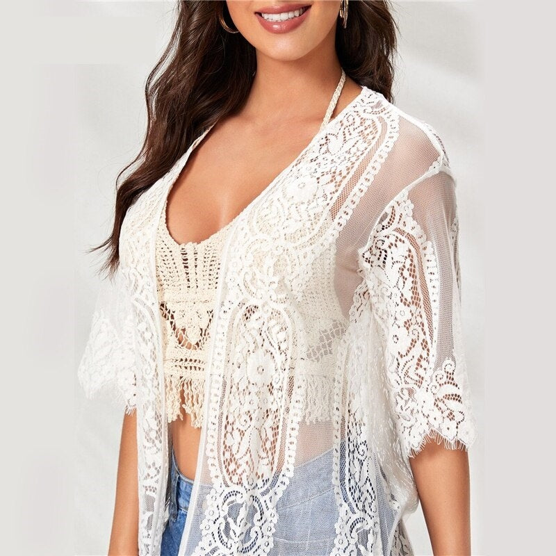 Half Sleeve Solid Boho Sheer Kimonos Mssza