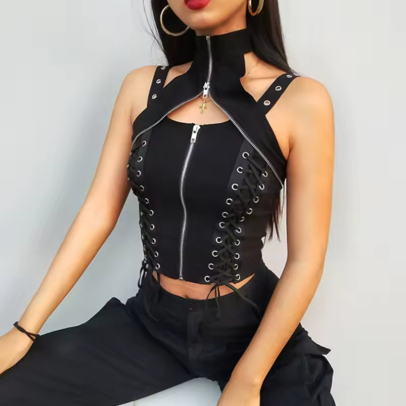 Halter Gothic Corset Vest High Waist Bandage Hollow Out Crop Top Mssza